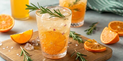 orangecitrus summer mocktail with ice and rosemary