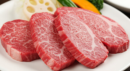 Close-up of Sliced Wagyu Beef on a White Plate with Vegetables