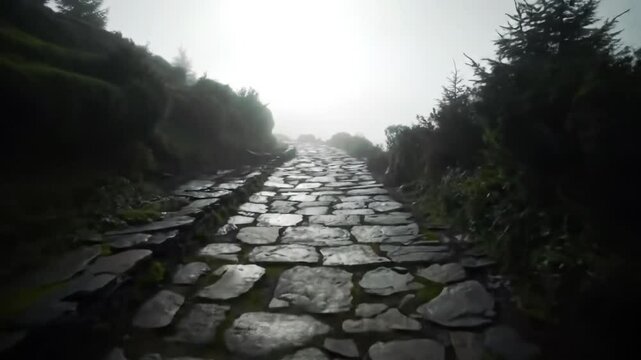 Rocky path fading into the misty green mountain trail
