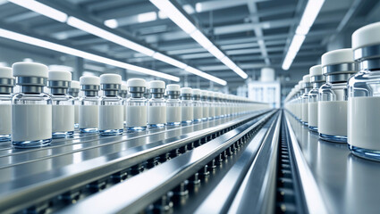 Rows of vaccine vials move along a conveyor belt in a sterile pharmaceutical factory.