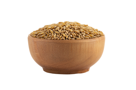 a wooden bowl filled with wheat seeds on a white background
