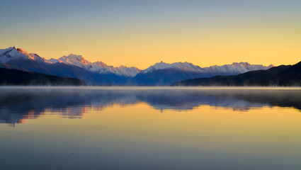 Fototapeta premium Sunrise over a tranquil mountain lake, its calm waters reflecting the vibrant sky and distant peaks