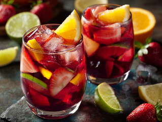 Glass of sangria with fruit slices and ice