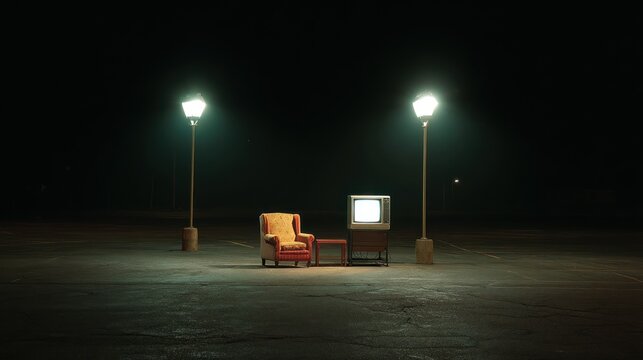 Empty parking lot at night, vintage TV and armchair - Powered by Adobe