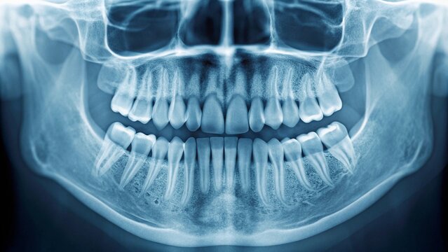 High-resolution radiograph of a human dental arch, providing a detailed view of roots, fillings, and potential issues within the teeth and supporting bone.