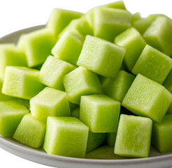 Fresh green melon cubes on a plate. Raw material.