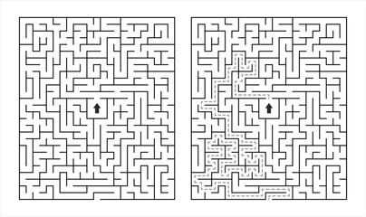 Rectangular maze with solution – black and white vector puzzle from center to edge, clean line art for printable worksheets, logic games, activity books for kids and adults