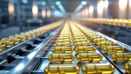 Obraz premium Golden softgel capsules move along a conveyor belt in a pharmaceutical factory.