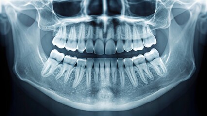 Clear panoramic dental X-ray showcasing a full set of teeth and jaw structure, ideal for illustrating oral health, dentistry, or medical diagnostics