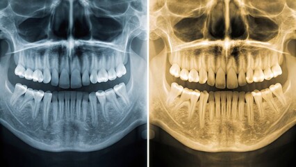 Side-by-side panoramic dental X-rays, one in traditional blue-tinted grayscale and the other in a warm sepia tone, showcasing different visual interpretations of medical imaging