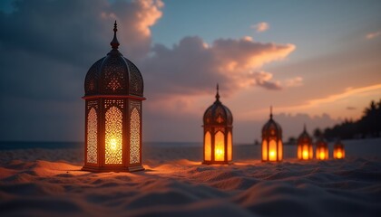 Fototapeta premium Ornate Lanterns on Sandy Beach at Sunset