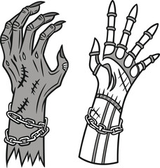 Black and white cartoon vector illustration of a man's hand with a tree design symbol