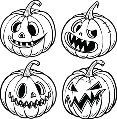 Jack-o'-lantern Halloween pumpkin set with spooky faces, perfect for autumn holiday decoration