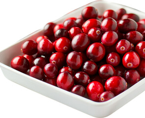 Fresh red cranberries in a white container. Raw material.