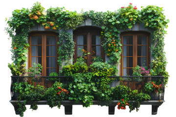 Apartment balcony garden, urban jungle concept isolated on white