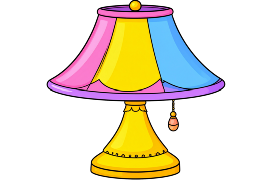 Cartoon Vintage Table Lamp with Curvy Shape and Pull Chain, Isolated PNG