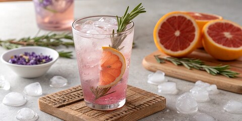 lavender citrus summer mocktail with ice and rosemary