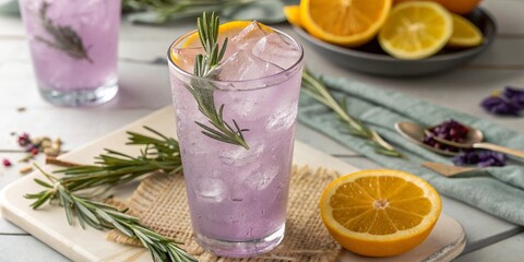 lavender citrus summer mocktail with ice and rosemary