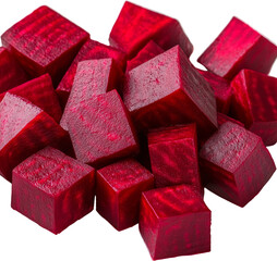 Freshly cut beetroot cubes arranged in a pile. Raw material.