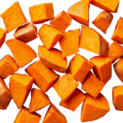 Chopped orange squash pieces. Raw material.