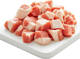 Raw meat cubes on a cutting board. Raw material.
