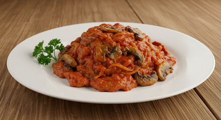 Delicious Mushroom and Tomato Pasta Served on a White Plate