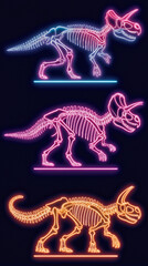 3 neon dinosaur skeletons on a black background, icons for decoration and design