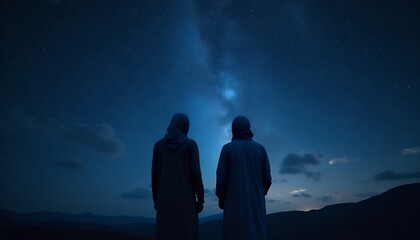 Fototapeta premium Silhouetted Figures Gaze at Starry Night Sky over Mountains