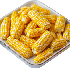 Fresh corn cobs arranged on a plate. Raw material.