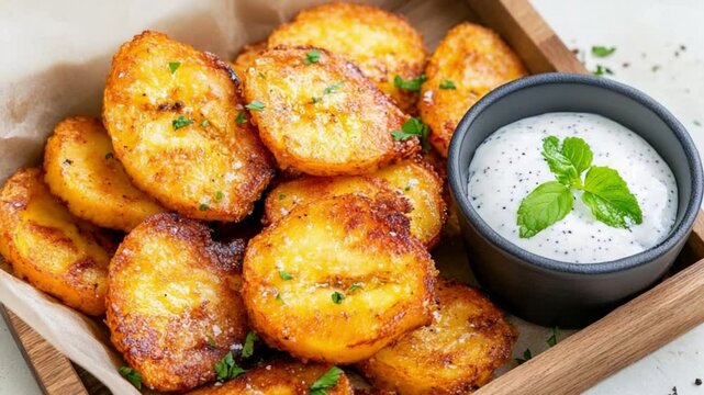 Golden plantains with a refreshing creamy dip, inviting viewers to savor the tropical delight and appetizing appeal.