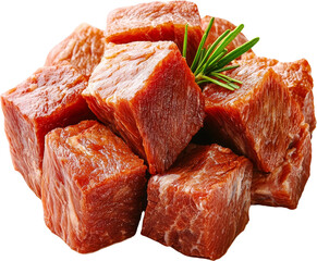 Savory cubes of dried meat with a sprig of rosemary. Raw material.
