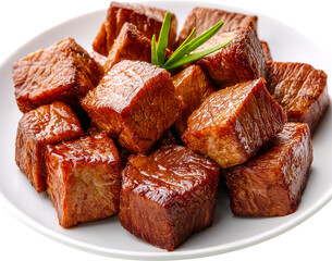 Savory cubes of cooked meat garnished with herbs. Raw material.