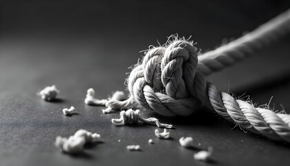 Fraying rope with a tight knot under tension symbolizing a complex problem in black and white