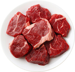 Fresh cuts of red meat on a white plate. Raw material.