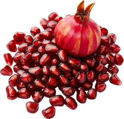 Ripe pomegranate with scattered seeds. Raw material.
