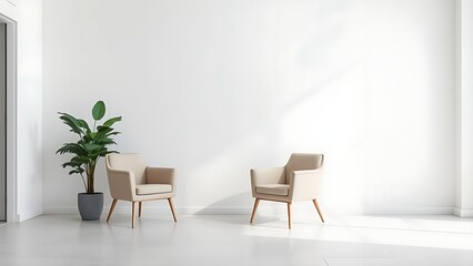 Fototapeta premium An elegant reception area featuring a single chair and a decorative plant against a clean white wall.