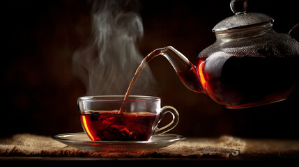 Teapot pouring hot tea into a cup