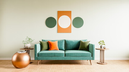 A modern minimalist living room interior with a teal velvet mid-century modern sofa centered against a light gray wall