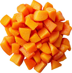 Diced orange fruit pieces piled together. Raw material.