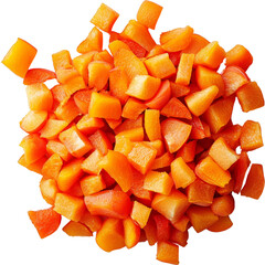 Chopped orange pieces arranged in a pile. Raw material.