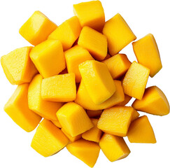 Mango cubes arranged in a pile. Raw material.