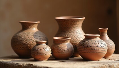 Terracotta Pottery Collection with Intricate Patterns in Warm Light