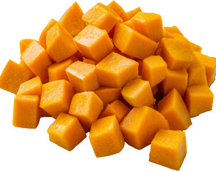 Cubed pieces of orange squash piled together. Raw material.