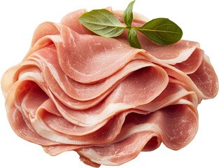 Delicately arranged slices of cured meat garnished with a leaf. Raw material.