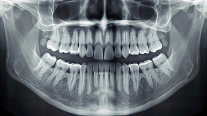 Clear panoramic dental X-ray displaying the full dentition and jaw structure, an essential diagnostic tool for assessing overall oral health, identifying underlying issues, and planning treatments