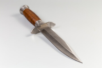 Non-folding hunting knife with wooden handle in selective focus