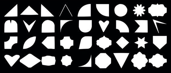 White Geometric Shapes on Black Background. Abstract  fill Icons and Frames for Modern Design. Vector illustration.