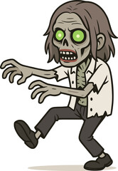 Cartoon zombie character with glowing green eyes, creepy undead monster illustration for Halloween, horror themes, spooky design elements