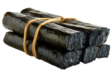 Bamboo sushi rolling mat with nori sheet isolated on white background