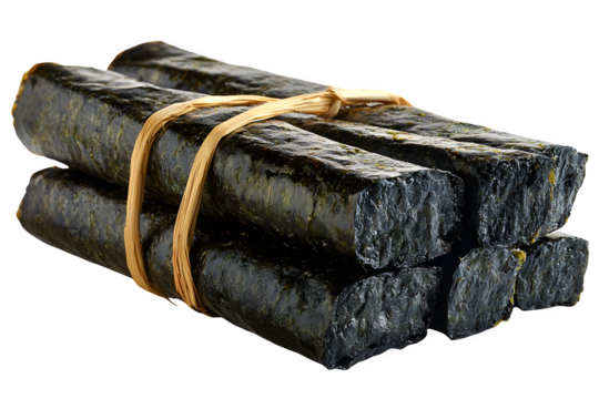 Bamboo sushi rolling mat with nori sheet isolated on white background